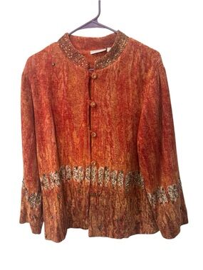 Soft Surroundings beaded orange crushed velvet jacket size M